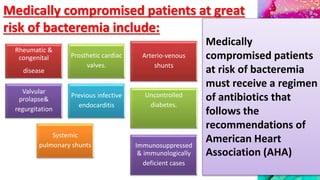 Medically compromised patients at great
risk of bacteremia include:
Rheumatic &
congenital
disease
Prosthetic cardiac
valves.
Valvular
prolapse&
regurgitation
Previous infective
endocarditis
Systemic
pulmonary shunts
Arterio-venous
shunts
Uncontrolled
diabetes.
Immunosuppressed
& immunologically
deficient cases
Medically
compromised patients
at risk of bacteremia
must receive a regimen
of antibiotics that
follows the
recommendations of
American Heart
Association (AHA)
 