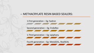 – METHACRYLATE RESIN BASED SEALERS:
1.First generation – Eg: hydron
Second generation – Eg: EndoRez
1.Third generation – Eg: epiphany
Fourth generation – Eg: MetaSEAL, RealSEAL
 