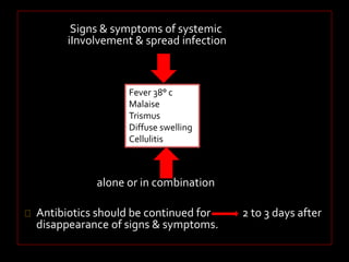 Signs & symptoms of systemic 
iInvolvement & spread infection 
Fever 38° c 
Malaise 
Trismus 
Diffuse swelling 
Cellulitis 
alone or in combination 
Antibiotics should be continued for 2 to 3 days after 
disappearance of signs & symptoms. 
 