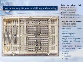 Instrument tray for root-end filling and suturing
Left to right (left
section of tray):
 Two Castroviejo
 needle holders,
 Castroviejo scissors,
 micro tissue forceps
Top to bottom (main
section of tray):
 Cement spatula,
 Feinstein super
plugger
 microexplorer
 endoexplorer,
 right &left SuperEBA
Placing & Plugging
instrument,
 anterior,left & right
microburnisher and
pluggers
 small,
 medium
 large
 