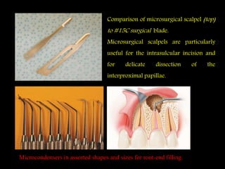 Comparison of microsurgical scalpel (top)
to #15C surgical blade.
Microsurgical scalpels are particularly
useful for the intrasulcular incision and
for delicate dissection of the
interproximal papillae.
Microcondensers in assorted shapes and sizes for root-end filling.
 