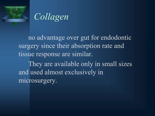 Collagen
no advantage over gut for endodontic
surgery since their absorption rate and
tissue response are similar.
They are available only in small sizes
and used almost exclusively in
microsurgery.
 