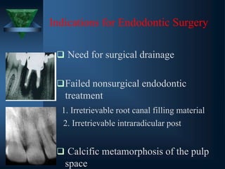 Indications for Endodontic Surgery
 Need for surgical drainage
Failed nonsurgical endodontic
treatment
1. Irretrievable root canal filling material
2. Irretrievable intraradicular post
 Calcific metamorphosis of the pulp
space
 