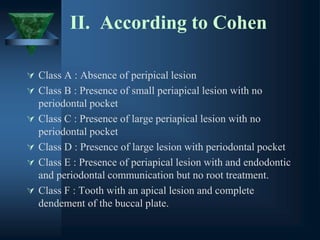 II. According to Cohen
 Class A : Absence of peripical lesion
 Class B : Presence of small periapical lesion with no
periodontal pocket
 Class C : Presence of large periapical lesion with no
periodontal pocket
 Class D : Presence of large lesion with periodontal pocket
 Class E : Presence of periapical lesion with and endodontic
and periodontal communication but no root treatment.
 Class F : Tooth with an apical lesion and complete
dendement of the buccal plate.
 