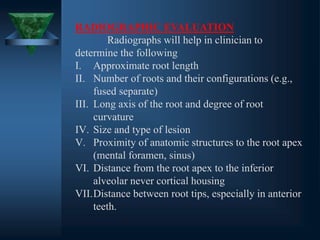 RADIOGRAPHIC EVALUATION
Radiographs will help in clinician to
determine the following
I. Approximate root length
II. Number of roots and their configurations (e.g.,
fused separate)
III. Long axis of the root and degree of root
curvature
IV. Size and type of lesion
V. Proximity of anatomic structures to the root apex
(mental foramen, sinus)
VI. Distance from the root apex to the inferior
alveolar never cortical housing
VII.Distance between root tips, especially in anterior
teeth.
 