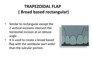 TRAPEZOIDAL FLAP
( Broad based rectangular)
• Similar to rectangular except the
2 vertical incisions intersect the
horizontal incision at an obtuse
angle .
• It is used to create a broad based
flap with the vestibular part wider
than the sulcular portion.
 