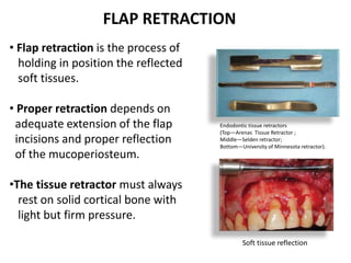 • Flap retraction is the process of
holding in position the reflected
soft tissues.
• Proper retraction depends on
adequate extension of the flap
incisions and proper reflection
of the mucoperiosteum.
•The tissue retractor must always
rest on solid cortical bone with
light but firm pressure.
Soft tissue reflection
Endodontic tissue retractors
(Top—Arenas Tissue Retractor ;
Middle—Selden retractor;
Bottom—University of Minnesota retractor).
FLAP RETRACTION
 