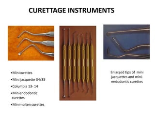 CURETTAGE INSTRUMENTS
•Minicurettes
•Mini jacquette 34/35
•Columbia 13- 14
•Miniendodontic
curettes
•Minimolten curettes
Enlarged tips of mini
jacquettes and mini-
endodontic curettes
 