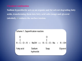 Chemical combination
Sodium hypochlorite acts as an organic and fat solvent degrading fatty
acids, transforming them into fatty acid salts (soap) and glycerol
(alcohol), -> reduces the surface tension.
 