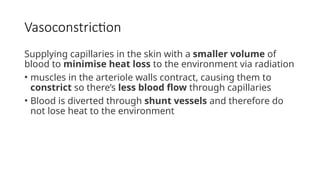 Vasoconstriction
Supplying capillaries in the skin with a smaller volume of
blood to minimise heat loss to the environment via radiation
• muscles in the arteriole walls contract, causing them to
constrict so there’s less blood flow through capillaries
• Blood is diverted through shunt vessels and therefore do
not lose heat to the environment
 