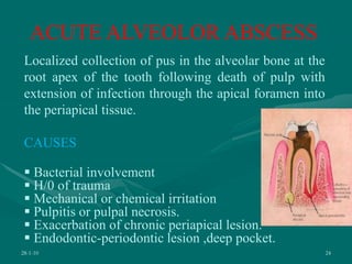 28-1-10 24
ACUTE ALVEOLOR ABSCESS
Localized collection of pus in the alveolar bone at the
root apex of the tooth following death of pulp with
extension of infection through the apical foramen into
the periapical tissue.
CAUSES
 Bacterial involvement
 H/0 of trauma
 Mechanical or chemical irritation
 Pulpitis or pulpal necrosis.
 Exacerbation of chronic periapical lesion.
 Endodontic-periodontic lesion ,deep pocket.
 