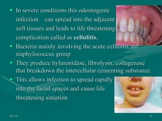  In severe conditions this odontogenic
infection can spread into the adjacent
soft tissues and leads to life threatening
complication called as cellulitis.
 Bacteria mainly involving the acute cellulitis are
staphylococcus group
 They produce hyluronidase, fibrolysin, collagenase
that breakdown the intercellular cementing substance.
 This allows infection to spread rapidly
into the facial spaces and cause life
threatening situation
28-1-10 25
 
