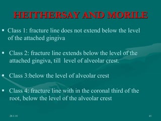 HEITHERSAY AND MORILE
28-1-10 43
 Class 1: fracture line does not extend below the level
of the attached gingiva
 Class 2: fracture line extends below the level of the
attached gingiva, till level of alveolar crest.
 Class 3:below the level of alveolar crest
 Class 4: fracture line with in the coronal third of the
root, below the level of the alveolar crest
 