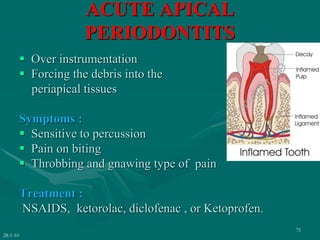 ACUTE APICAL
PERIODONTITS
 Over instrumentation
 Forcing the debris into the
periapical tissues
Symptoms :
 Sensitive to percussion
 Pain on biting
 Throbbing and gnawing type of pain
Treatment :
NSAIDS, ketorolac, diclofenac , or Ketoprofen.
28-1-10
75
 