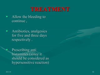 TREATMENT
 Allow the bleeding to
continue ,
 Antibiotics, analgesics
for five and three days
respectively .
 Prescribing anti
histamines (since it
should be considered as
hypersensitive reaction)
28-1-10 82
 