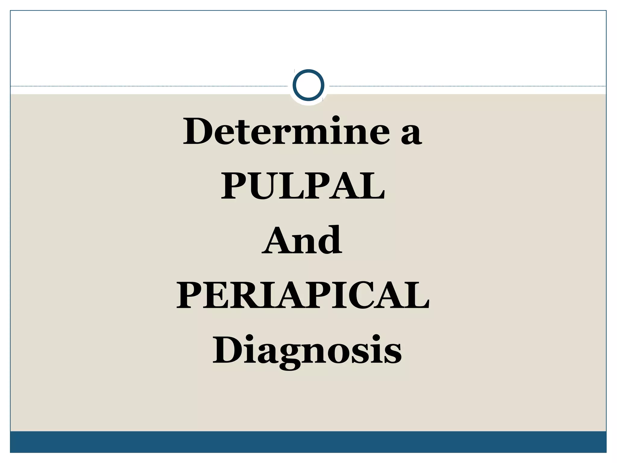 Determine a 
PULPAL 
And 
PERIAPICAL 
Diagnosis 
 