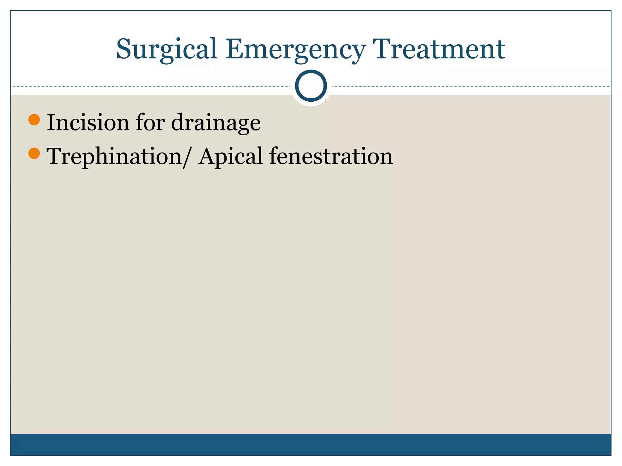 Surgical Emergency Treatment 
Incision for drainage 
Trephination/ Apical fenestration 
 