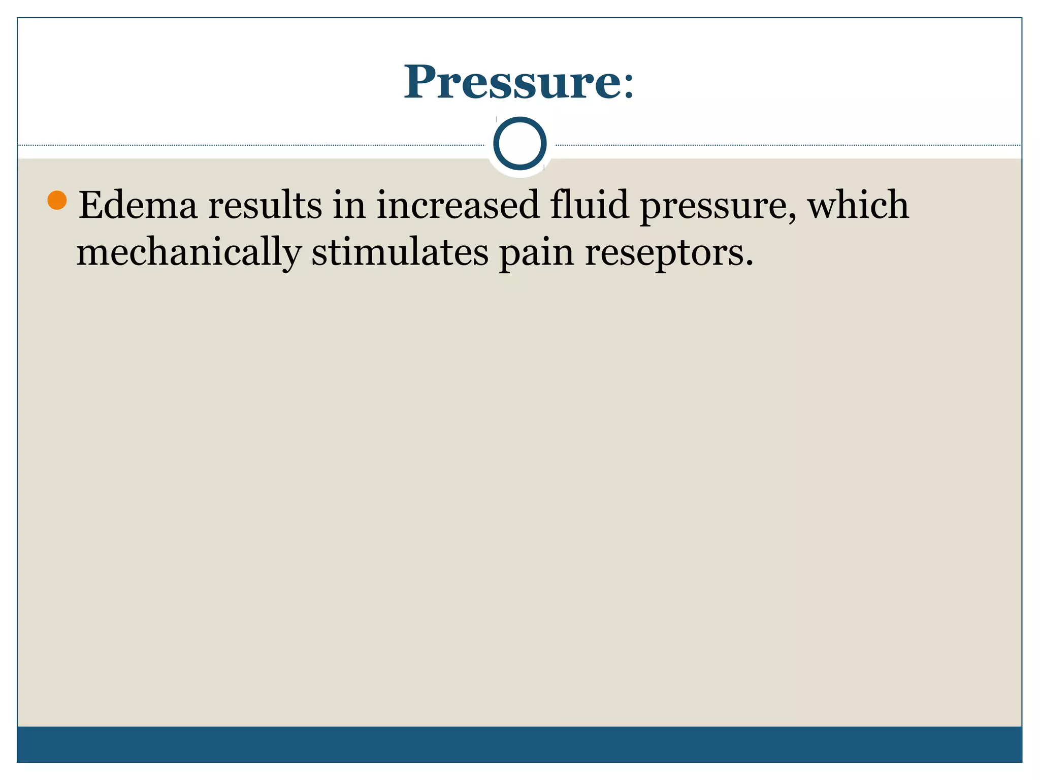 Pressure: 
Edema results in increased fluid pressure, which 
mechanically stimulates pain reseptors. 
 