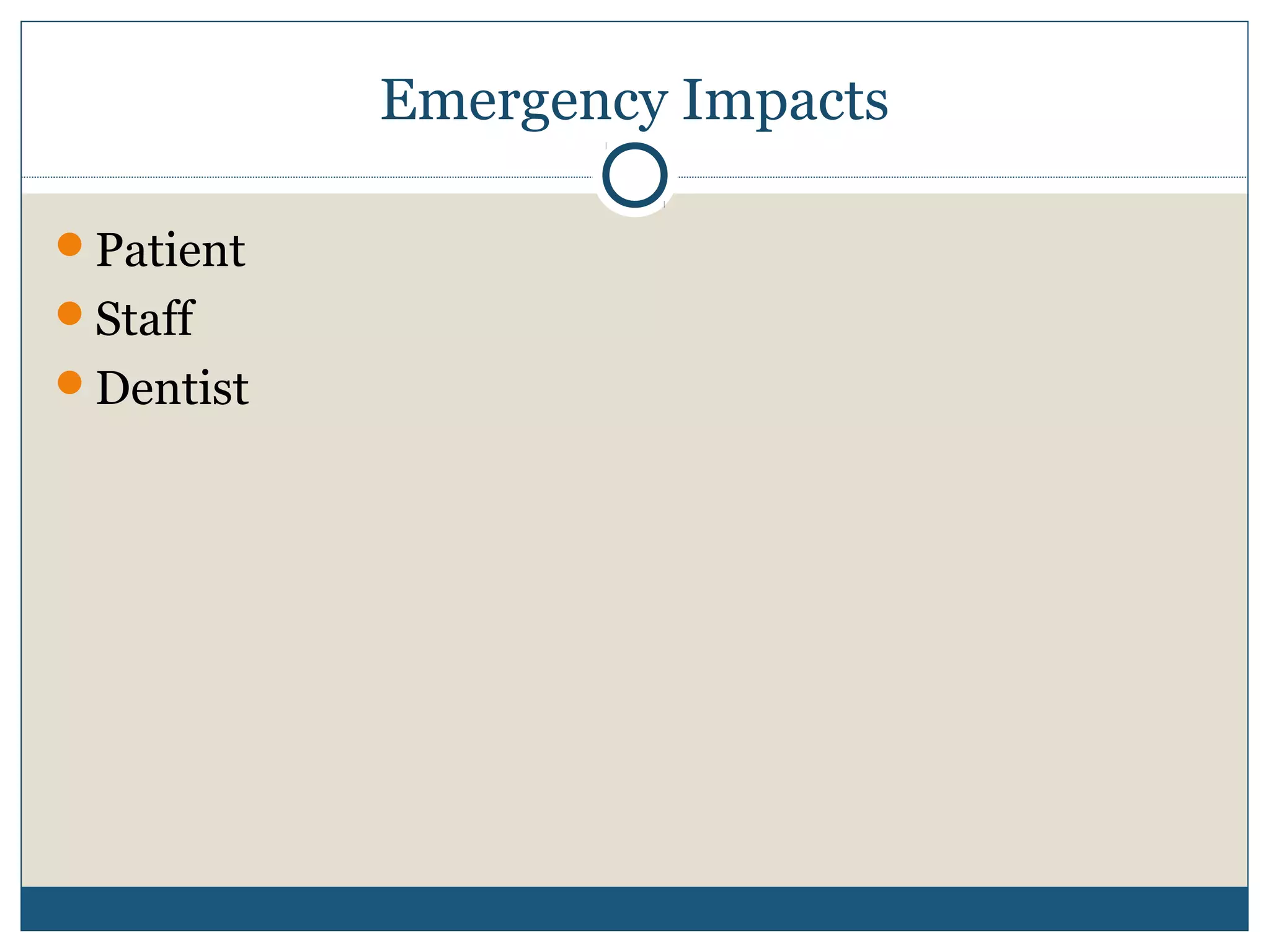 Emergency Impacts 
Patient 
Staff 
Dentist 
 