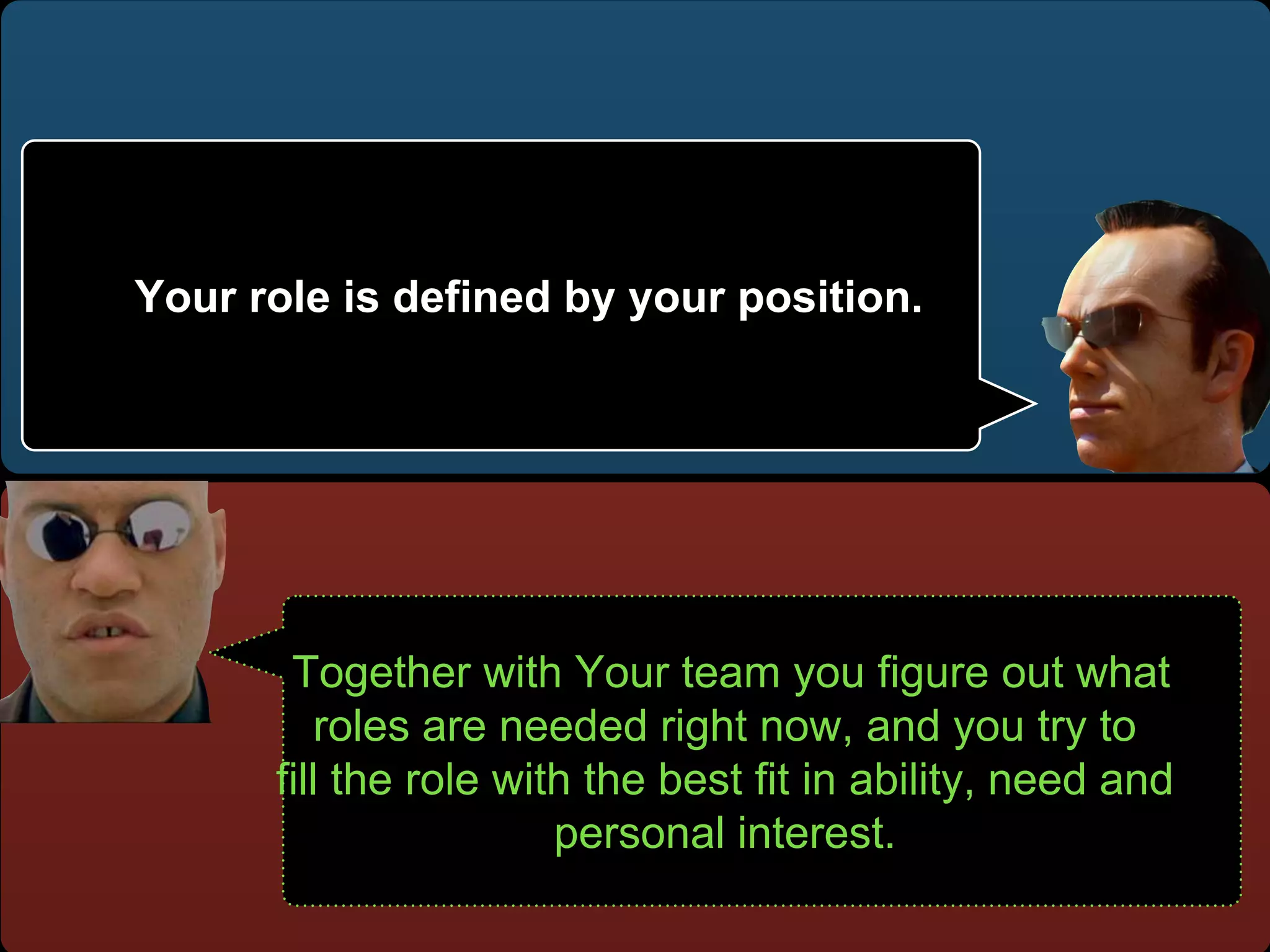 Together with Your team you figure out what
roles are needed right now, and you try to
fill the role with the best fit in ability, need and
personal interest.
Your role is defined by your position.
 
