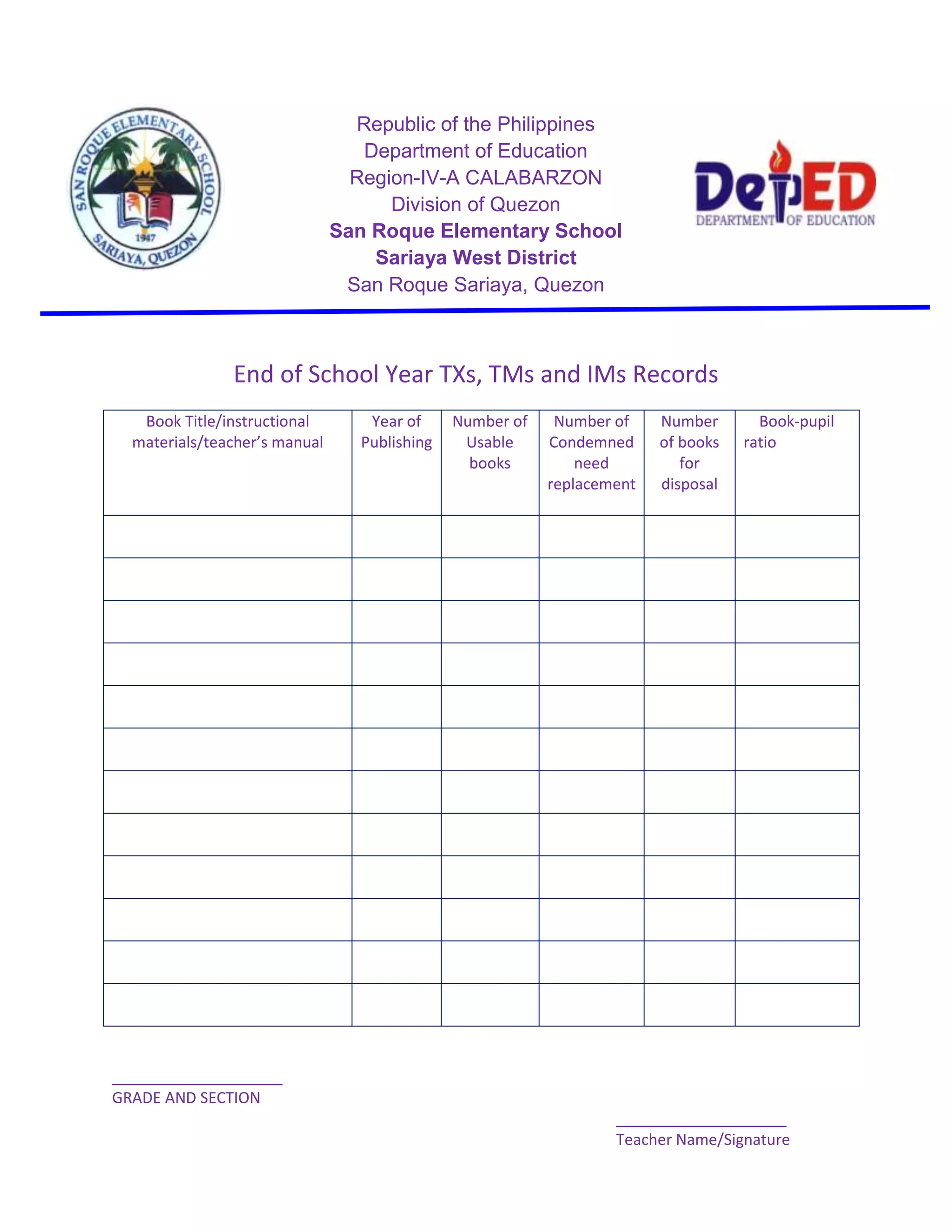 End of school year ims record PDF