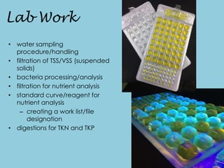 Lab Work
• water sampling
procedure/handling
• filtration of TSS/VSS (suspended
solids)
• bacteria processing/analysis
• filtration for nutrient analysis
• standard curve/reagent for
nutrient analysis
– creating a work list/file
designation
• digestions for TKN and TKP
 