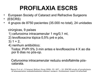 PROFILAXIA ESCRS
• European Society of Cataract and Refractive Surgeons
• (ESCRS)
• 4 grupos de 8750 pacientes (35.000 no total), 24 unidades
cirúrgicas, 9 países
1) cefuroxima intracamerular 1 mg/0,1 ml,
2) levofloxacina tópica 0,5% pré e pós,
3) 1 + 2,
4) nenhum antibiótico;
Todos: PVPI 5% 3 min antes e levofloxacina 4 X ao dia
por 6 dias no pós-op.
Cefuroxima intracamerular reduziu endoftalmite pós-
catarata.
Barry P et al. J Cataract Refract Surg 2006; 32: 407 – 10. ESCRS study of prophylaxis
of postoperative endophthalmitis cataract surgery. Preliminary report of principal
 