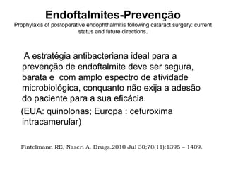 Endoftalmites-Prevenção
Prophylaxis of postoperative endophthalmitis following cataract surgery: current
status and future directions.
A estratégia antibacteriana ideal para a
prevenção de endoftalmite deve ser segura,
barata e com amplo espectro de atividade
microbiológica, conquanto não exija a adesão
do paciente para a sua eficácia.
(EUA: quinolonas; Europa : cefuroxima
intracamerular)
Fintelmann RE, Naseri A. Drugs.2010 Jul 30;70(11):1395 – 1409.
 