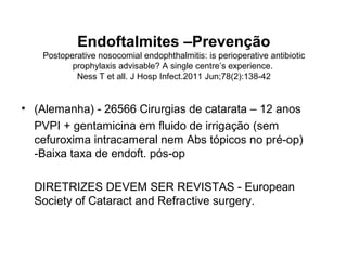 Endoftalmites –Prevenção
Postoperative nosocomial endophthalmitis: is perioperative antibiotic
prophylaxis advisable? A single centre’s experience.
Ness T et all. J Hosp Infect.2011 Jun;78(2):138-42
• (Alemanha) - 26566 Cirurgias de catarata – 12 anos
PVPI + gentamicina em fluido de irrigação (sem
cefuroxima intracameral nem Abs tópicos no pré-op)
-Baixa taxa de endoft. pós-op
DIRETRIZES DEVEM SER REVISTAS - European
Society of Cataract and Refractive surgery.
 