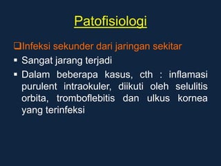 Patofisiologi
Infeksi sekunder dari jaringan sekitar
 Sangat jarang terjadi
 Dalam beberapa kasus, cth : inflamasi
purulent intraokuler, diikuti oleh selulitis
orbita, tromboflebitis dan ulkus kornea
yang terinfeksi
 