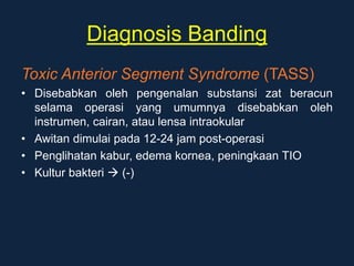 Diagnosis Banding
Toxic Anterior Segment Syndrome (TASS)
• Disebabkan oleh pengenalan substansi zat beracun
selama operasi yang umumnya disebabkan oleh
instrumen, cairan, atau lensa intraokular
• Awitan dimulai pada 12-24 jam post-operasi
• Penglihatan kabur, edema kornea, peningkaan TIO
• Kultur bakteri  (-)
 