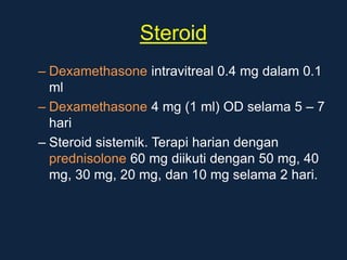 Steroid
– Dexamethasone intravitreal 0.4 mg dalam 0.1
ml
– Dexamethasone 4 mg (1 ml) OD selama 5 – 7
hari
– Steroid sistemik. Terapi harian dengan
prednisolone 60 mg diikuti dengan 50 mg, 40
mg, 30 mg, 20 mg, dan 10 mg selama 2 hari.
 
