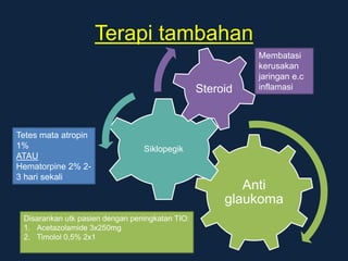 Terapi tambahan
Anti
glaukoma
Siklopegik
Steroid
Disarankan utk pasien dengan peningkatan TIO:
1. Acetazolamide 3x250mg
2. Timolol 0,5% 2x1
Tetes mata atropin
1%
ATAU
Hematorpine 2% 2-
3 hari sekali
Membatasi
kerusakan
jaringan e.c
inflamasi
 