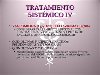 TRATAMIENTOTRATAMIENTO
SISTÉMICO IVSISTÉMICO IV
• VANCOMICINA (1 gr/ 12H)+ CEFTAZIDIMA (1 gr/8h)VANCOMICINA (1 gr/ 12H)+ CEFTAZIDIMA (1 gr/8h)
• CONSIDERAR TRATAMIENTO ADICIONAL CONCONSIDERAR TRATAMIENTO ADICIONAL CON
CLINDAMICINA IV (300 mg/8h) SI SOSPECHA DECLINDAMICINA IV (300 mg/8h) SI SOSPECHA DE
BACILLUS O ANAEROBIOS (CLOSTRIDIUM)BACILLUS O ANAEROBIOS (CLOSTRIDIUM)
• QUINOLONAS 2ª (CIPROFLOXACINO):QUINOLONAS 2ª (CIPROFLOXACINO):
PSEUDOMONAS Y OTROS GRAM –PSEUDOMONAS Y OTROS GRAM –
• QUINOLONAS 3ª Y 4ª: GRAM+-QUINOLONAS 3ª Y 4ª: GRAM+-
• Moxifloxacino alcanza concentraciones en acuoso y vítreoMoxifloxacino alcanza concentraciones en acuoso y vítreo
por encima del MIC90 para la mayoría de microorganismospor encima del MIC90 para la mayoría de microorganismos
que causan endoftalmitis postraumáticaque causan endoftalmitis postraumática
 