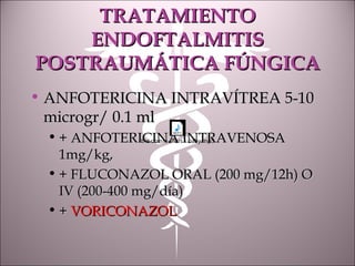 TRATAMIENTOTRATAMIENTO
ENDOFTALMITISENDOFTALMITIS
POSTRAUMÁTICA FÚNGICAPOSTRAUMÁTICA FÚNGICA
• ANFOTERICINA INTRAVÍTREA 5-10ANFOTERICINA INTRAVÍTREA 5-10
microgr/ 0.1 mlmicrogr/ 0.1 ml
• + ANFOTERICINA INTRAVENOSA+ ANFOTERICINA INTRAVENOSA
1mg/kg,1mg/kg,
• + FLUCONAZOL ORAL (200 mg/12h) O+ FLUCONAZOL ORAL (200 mg/12h) O
IV (200-400 mg/día)IV (200-400 mg/día)
• ++ VORICONAZOLVORICONAZOL
the communars - baby.mp3
 