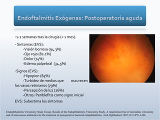 Endophthalmitis Vitrectomy Study Group. Results of the   Endophthalmitis Vitrectomy Study. A randomized trial of   immediate vitrectomy and of intravenous antibiotics for the   treatment of postoperative bacterial endophthalmitis. Arch   Ophthalmol 1995;113:1479–1496. 1-2 semanas  tras la cirugía (< 1 mes). Sintomas (EVS): Visión borrosa (94.3%) -Ojo rojo (82.1%) -Dolor (74%) -Edema palpebral  (34.5%) Signos (EVS): -Hipopion (85%) -Turbidez de medios que  oscurecen los vasos retinianos (79%) -Percepción de luz (26%) -Otros: Periblefitis como signo inicial EVS: Subestima los síntomas 