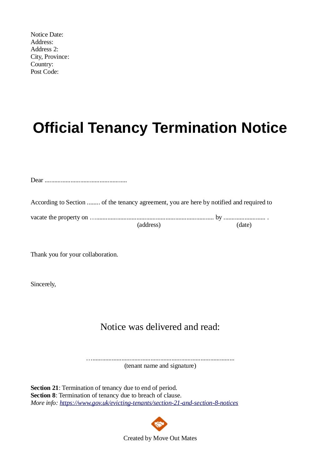 End of tenancy letter template from landlord to tenant