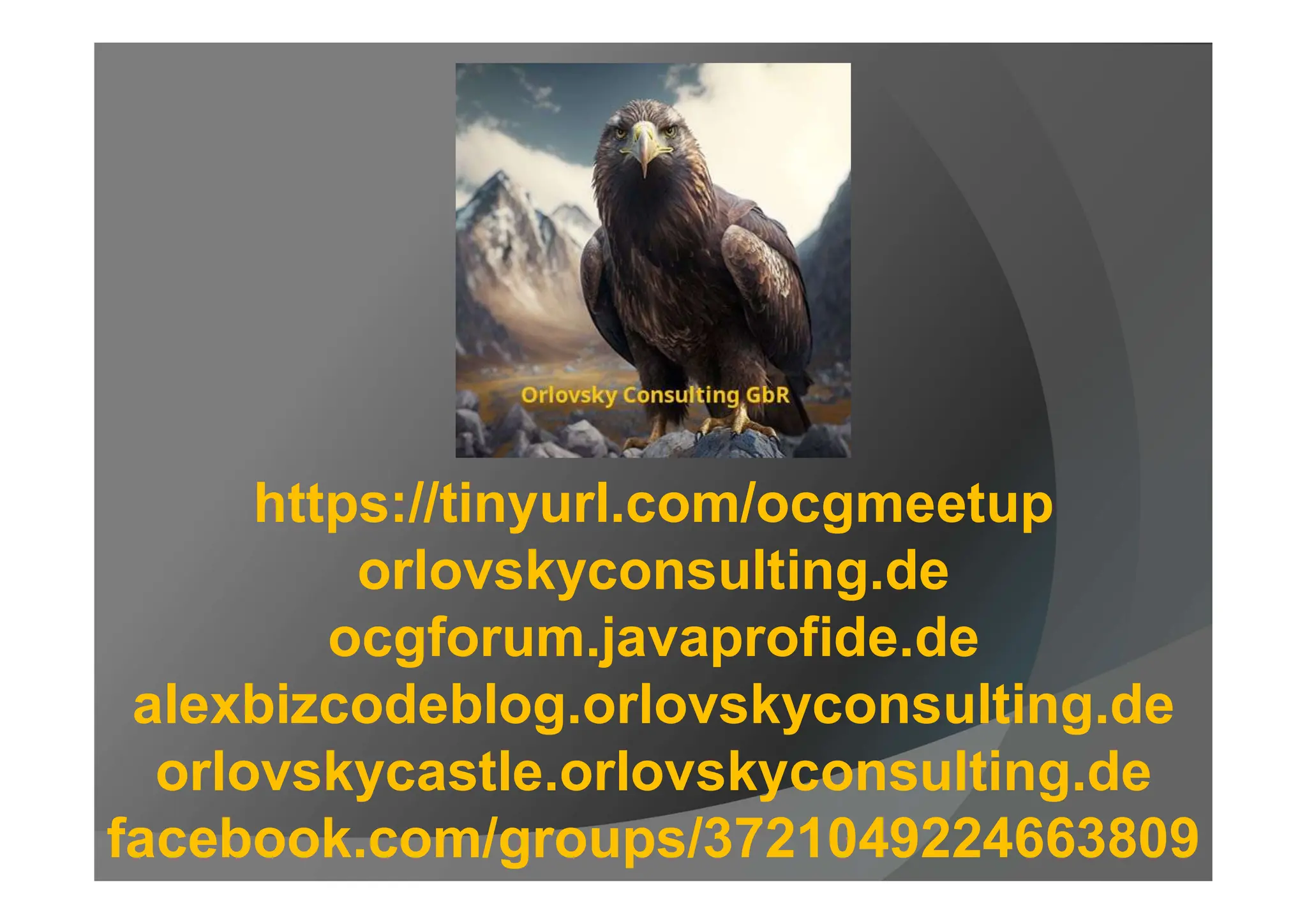 https://tinyurl.com/ocgmeetup
orlovskyconsulting.de
ocgforum.javaprofide.de
alexbizcodeblog.orlovskyconsulting.de
orlovskycastle.orlovskyconsulting.de
facebook.com/groups/3721049224663809
 