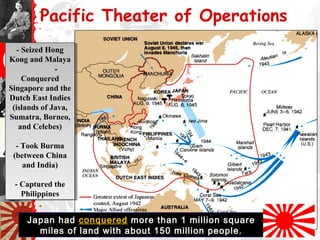Pacific Theater of Operations
- Seized Hong
Kong and Malaya
-
Conquered
Singapore and the
Dutch East Indies
(islands of Java,
Sumatra, Borneo,
and Celebes)
- Took Burma
(between China
and India)
- Captured the
Philippines
- Seized Hong
Kong and Malaya
-
Conquered
Singapore and the
Dutch East Indies
(islands of Java,
Sumatra, Borneo,
and Celebes)
- Took Burma
(between China
and India)
- Captured the
Philippines
Japan had conquered more than 1 million square
miles of land with about 150 million people.
 