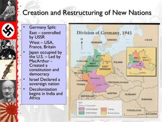 Creation and Restructuring of New NationsCreation and Restructuring of New Nations
• Germany Split:Germany Split:
East – controlledEast – controlled
by USSRby USSR
West – USA,West – USA,
France, BritainFrance, Britain
• Japan occupied byJapan occupied by
the U.S. – Led bythe U.S. – Led by
MacArthur -MacArthur -
Created aCreated a
constitution andconstitution and
democracydemocracy
• Israel Declared aIsrael Declared a
sovereign nationsovereign nation
• DecolonizationDecolonization
begins in India andbegins in India and
AfricaAfrica
 