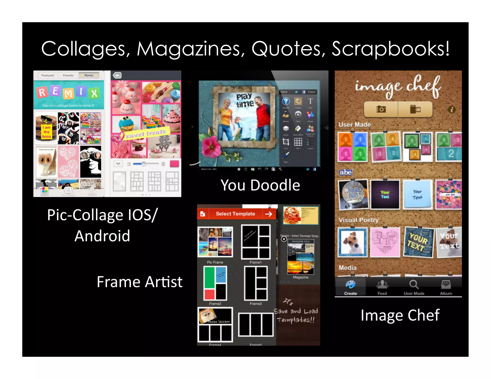 Collages, Magazines, Quotes, Scrapbooks!
Frame	
  Ar5st	
  
Pic-­‐Collage	
  IOS/	
  
Android	
  
You	
  Doodle	
  
Image	
  Chef	
  
 
