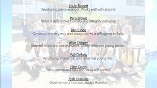 Louie Bassett
Developing perseverance! Works well with anyone!
Paris Brown
Reflects well, shows humility and integrity everyday.
Ben Clode
Generous in every way and always shows a willingness to help.
Alice Cooper
Determination and perseverance, a very reflective young person.
Will DeBass
Very funny, interesting and reflective young man.
Ellen Dixon
Takes considered risks and show self control.
Josh Granville
Great sense of humour, always thankful.
 