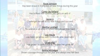 Rosie Johnson
Has been brave in trying lots of new things during this year
Corey-Jay Kelland
Has brilliant self-control, just ‘get’s on with it’
Jessie Li
Challenges herself to try new things and succeed
Martha Lockhart
Perseveres in all areas in school and always tries hard
Leo Maule
Has been generous with his friends and classmates
Ocee May
Has grown in confidence as the year has gone on
Keisha McGregor
Shown courage throughout the year and always tries her best
 