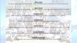 Alice Cann
An amazingly supportive personality. Very confident and an inspiration to those around her.
Jack Clover
Grows in maturity and capability. Loves his sport and may one day be prime minister!
Charlie Drew
Hard working, capable and conscientious and very supportive of his friends.
Amber Flint
Hard working, conscientious and supportive to her friends.
Hams Hanna
Helpful, sensitive but fiercely supportive of minority issues. Great to have on your side.
Louis Harding
Well focused and confident. An enthusiastic learner and keen chess player.
Isabelle Hawkings
Incredibly hard working and an inspiration to those around her.
 