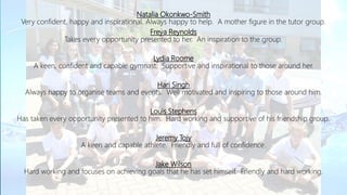 Natalia Okonkwo-Smith
Very confident, happy and inspirational. Always happy to help. A mother figure in the tutor group.
Freya Reynolds
Takes every opportunity presented to her. An inspiration to the group.
Lydia Roome
A keen, confident and capable gymnast. Supportive and inspirational to those around her.
Hari Singh
Always happy to organise teams and events. Well motivated and inspiring to those around him.
Louis Stephens
Has taken every opportunity presented to him. Hard working and supportive of his friendship group.
Jeremy Tojy
A keen and capable athlete. Friendly and full of confidence.
Jake Wilson
Hard working and focuses on achieving goals that he has set himself. Friendly and hard working.
 