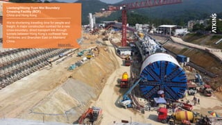 Liantang/Heung Yuen Wai Boundary
Crossing Facility (BCF)
China and Hong Kong
We’re shortening travelling time for people and
freight. A major construction contract for a new
cross-boundary, direct transport link through
tunnels between Hong Kong’s northeast New
Territories and Shenzhen East on Mainland
China.
More info…
 