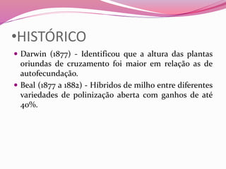 •HISTÓRICO
 Darwin (1877) - Identificou que a altura das plantas
oriundas de cruzamento foi maior em relação as de
autofecundação.
 Beal (1877 a 1882) - Híbridos de milho entre diferentes
variedades de polinização aberta com ganhos de até
40%.
 