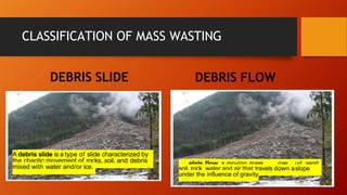 CLASSIFICATION OF MASS WASTING
DEBRIS SLIDE DEBRIS FLOW
A debris slide is a type of slide characterized by
the chaotic movement of rocks, soil, and debris
mixed with water and/or ice.
A debris flow is moving massof lo ose mud, sand
,
soil, rock, water and air that travels down aslope
under the influence of gravity
 