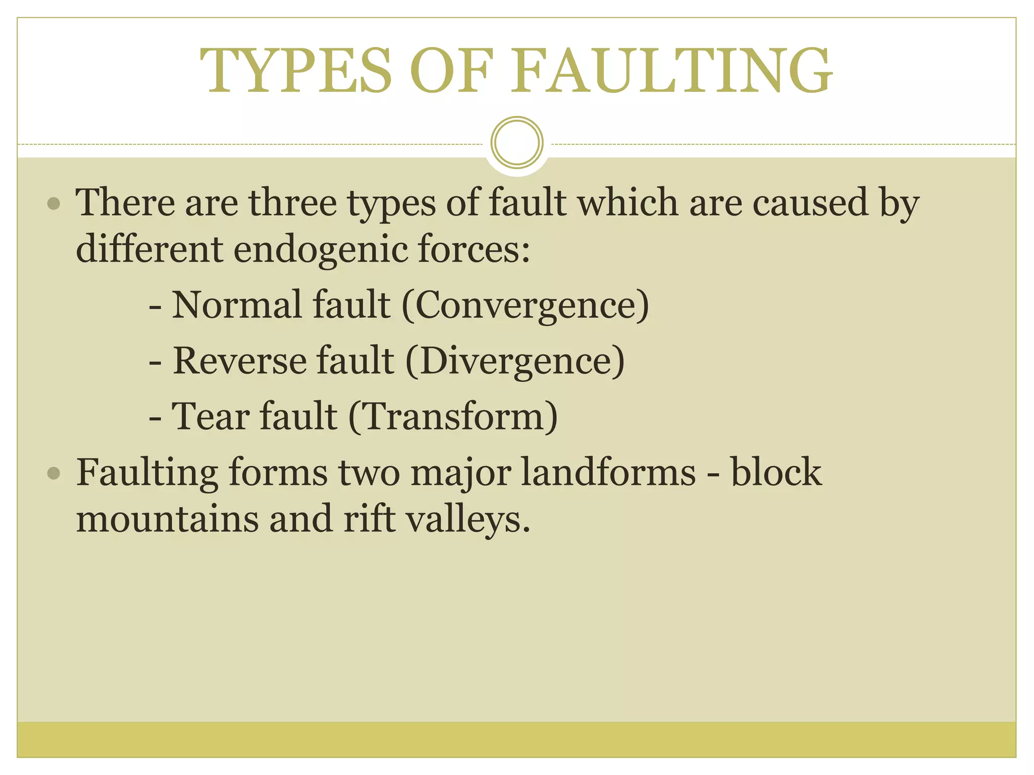 TYPES OF FAULTING
 There are three types of fault which are caused by
different endogenic forces:
- Normal fault (Convergence)
- Reverse fault (Divergence)
- Tear fault (Transform)
 Faulting forms two major landforms - block
mountains and rift valleys.
 