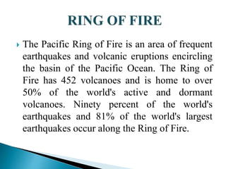  The Pacific Ring of Fire is an area of frequent
earthquakes and volcanic eruptions encircling
the basin of the Pacific Ocean. The Ring of
Fire has 452 volcanoes and is home to over
50% of the world's active and dormant
volcanoes. Ninety percent of the world's
earthquakes and 81% of the world's largest
earthquakes occur along the Ring of Fire.
 